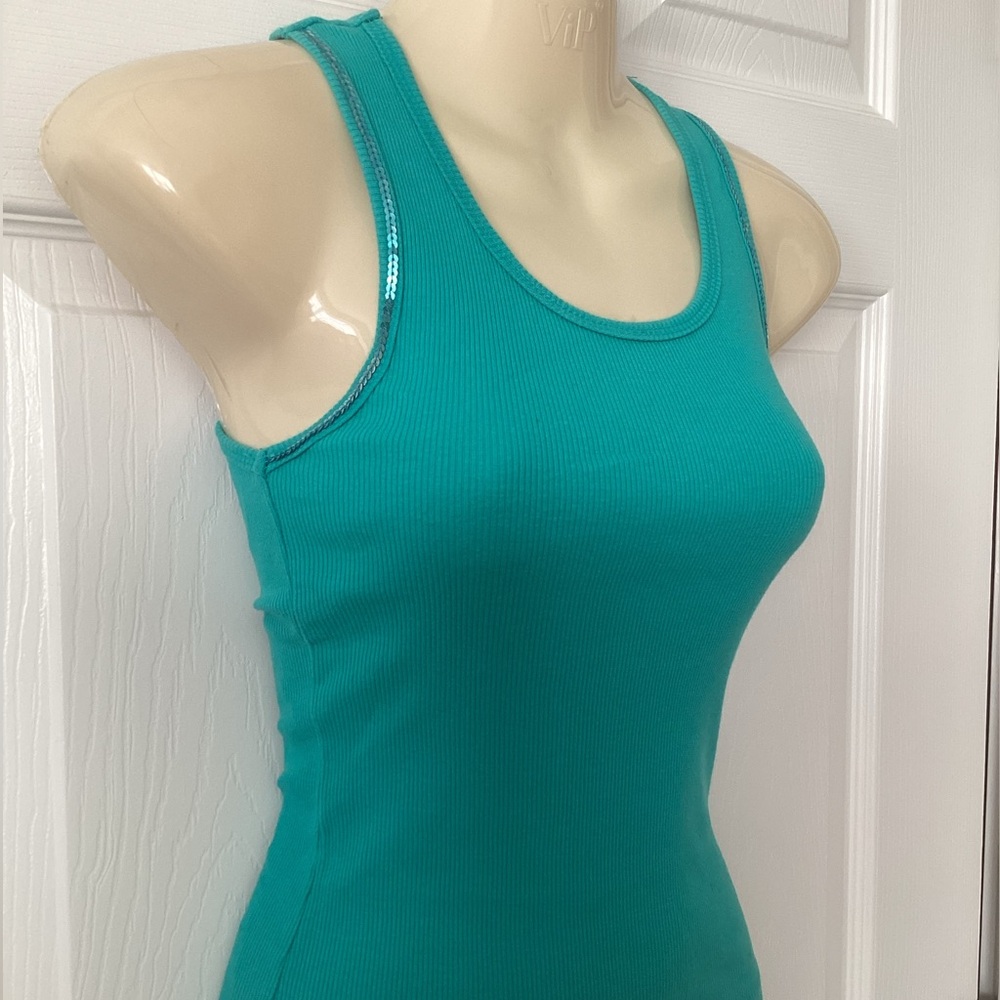 Vintage Y2K SELF ESTEEM sequin tank top Sz S turquoise embellished